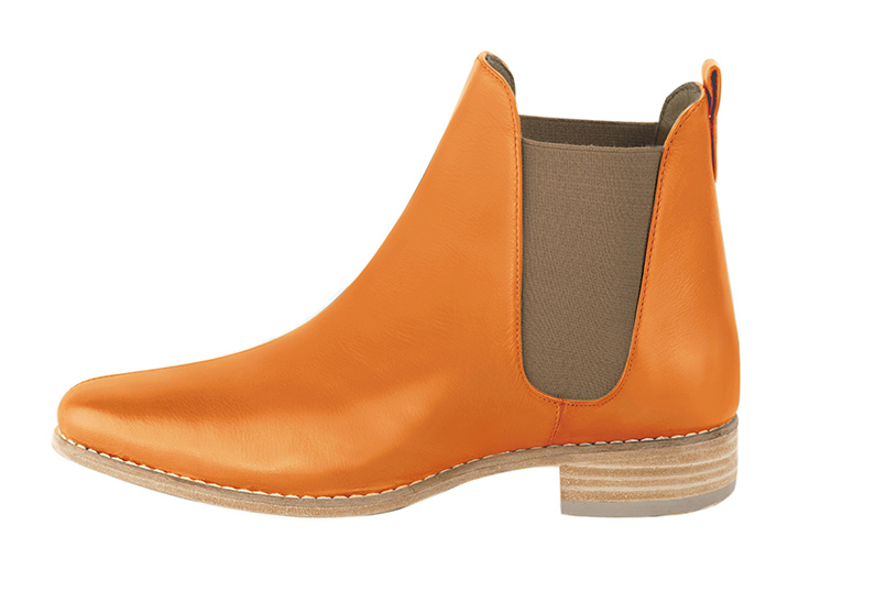 Apricot orange and taupe brown women's ankle boots, with elastics. Round toe. Flat leather soles. Profile view - Florence KOOIJMAN